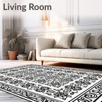 Intricate Black White Scrollwork Medallion Rug
