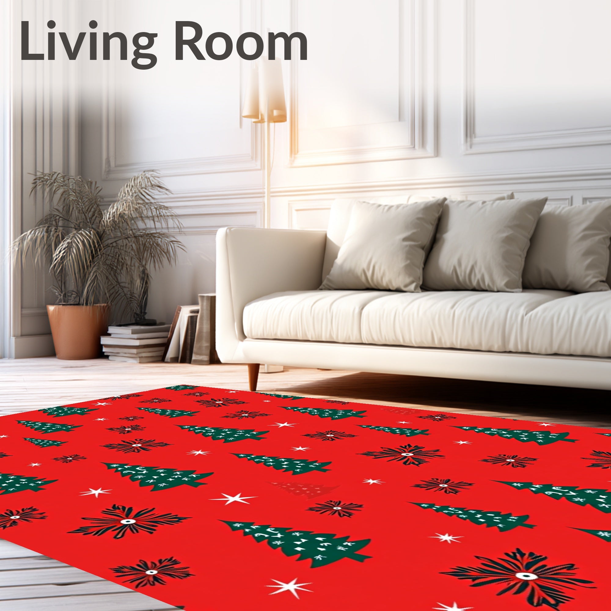 Festive Red Green Christmas Trees Stars Rug