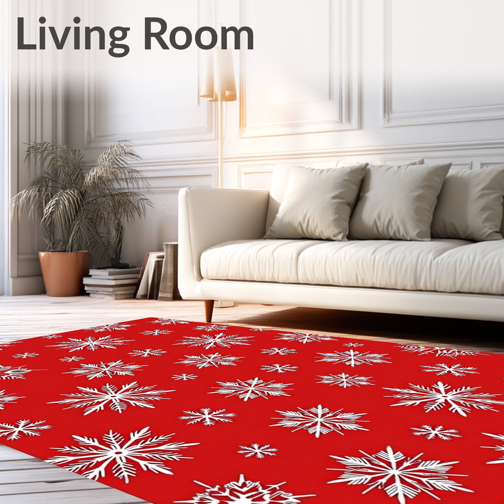 White Snowflakes Red Holiday Rug