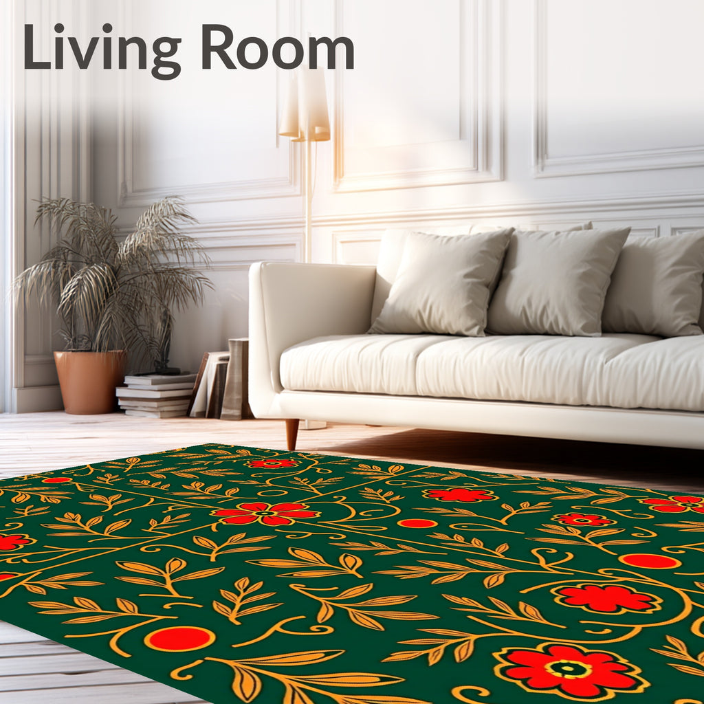 Emerald Green Red Floral Botanical Art Rug