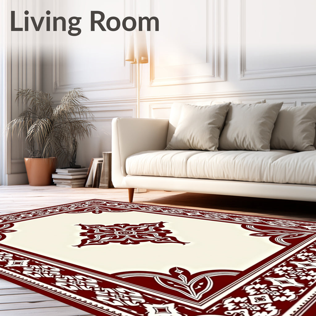 Ornate Crimson Floral Border Cream Rug