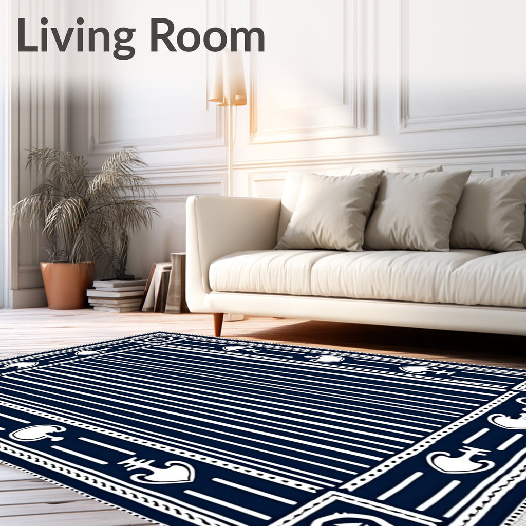 Navy White Vertical Stripe Symbolic Medallion Rug