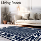 Navy White Vertical Stripe Symbolic Medallion Rug