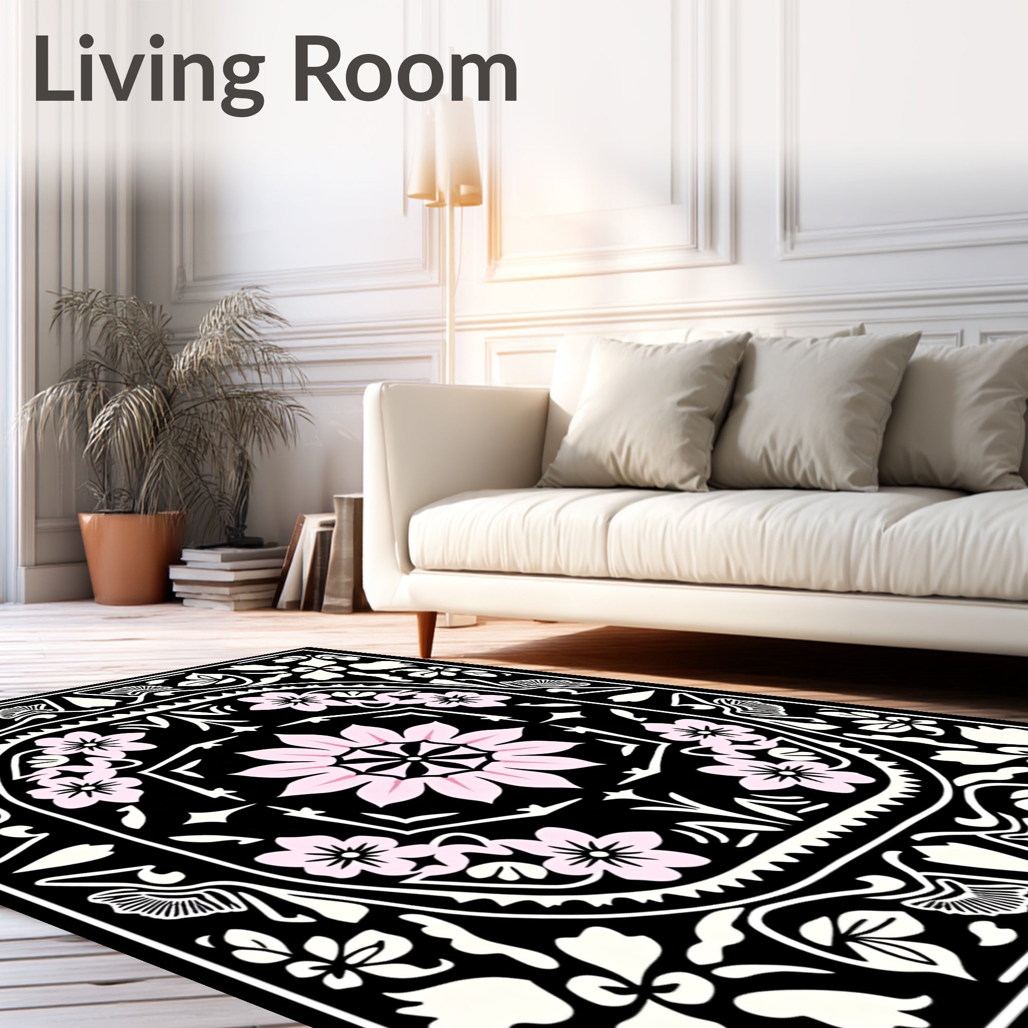 Blush Pink Floral Black Medallion Rug