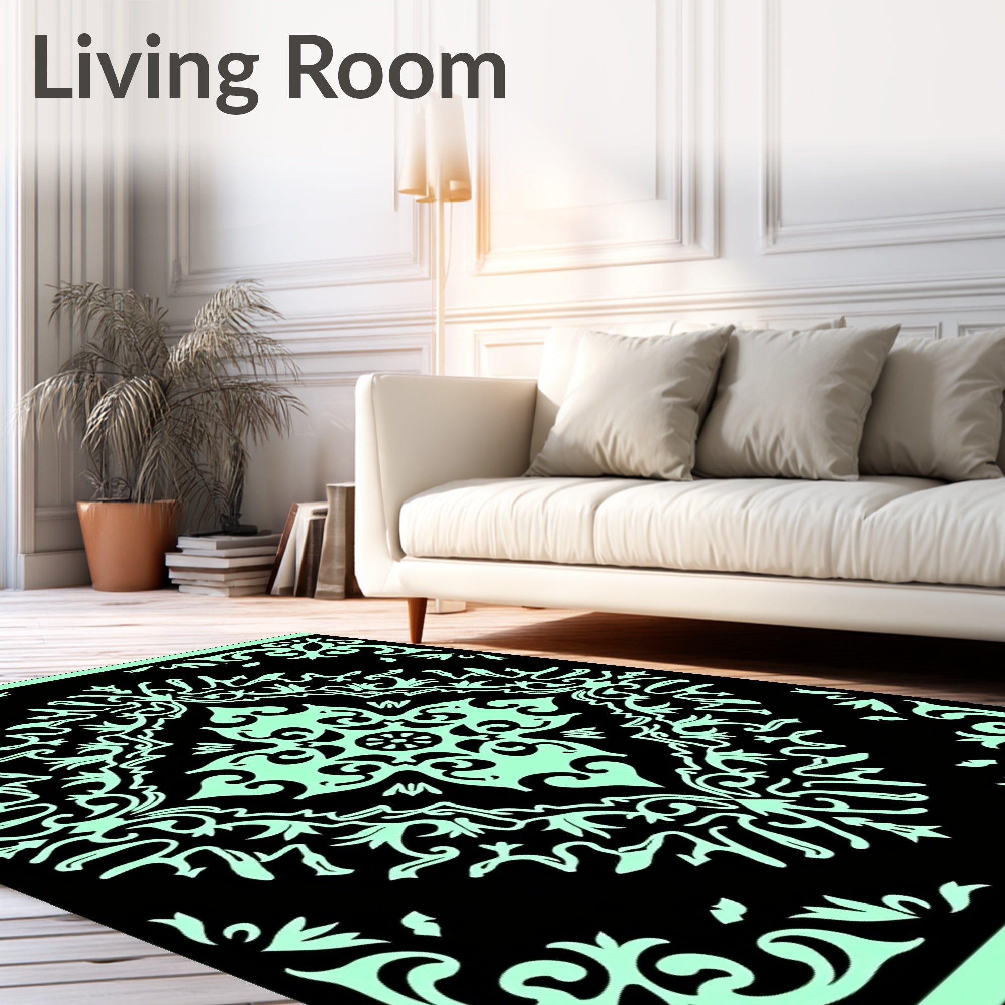 Aquamarine Black Scrollwork Medallion Rug