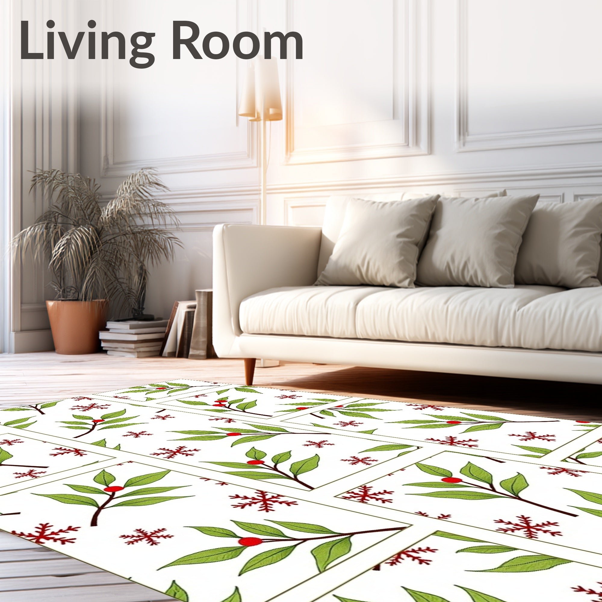 Red Snowflakes Green Holly Vines Rug