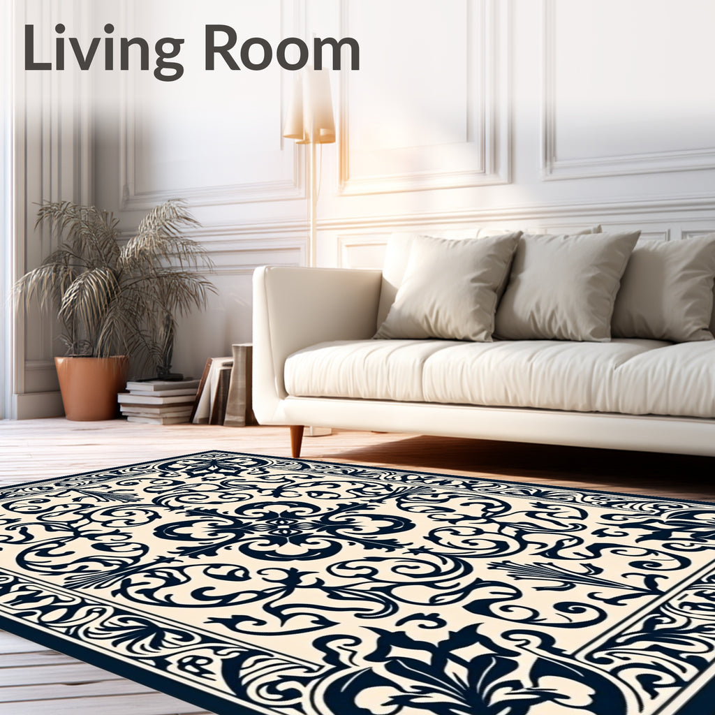Cream and Navy Baroque Floral Scroll Rug