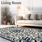 Cream and Navy Baroque Floral Scroll Rug