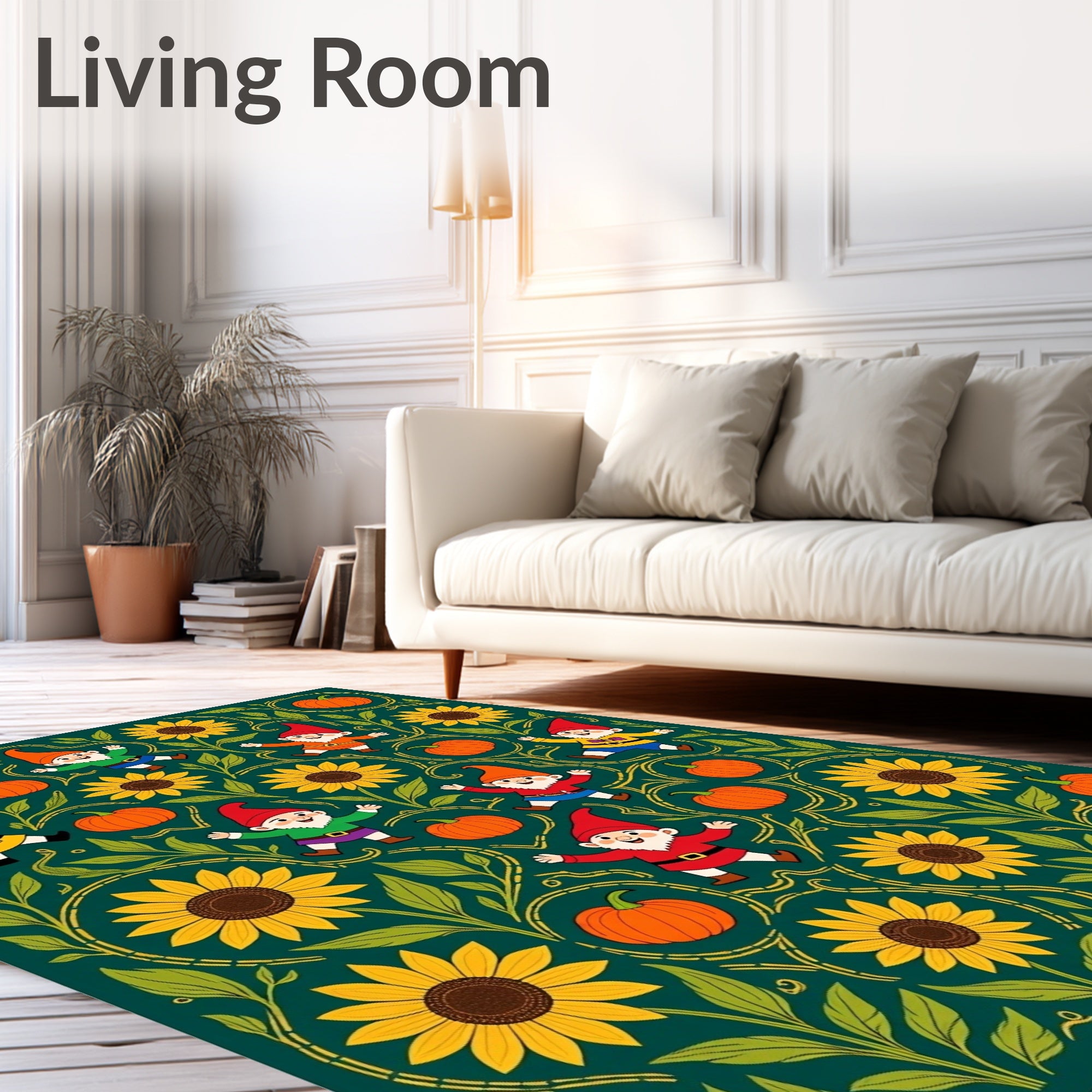Whimsical Gnomes Sunflowers Pumpkin Garden Rug