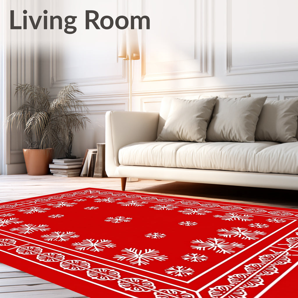 Red White Snowflake Border Rug