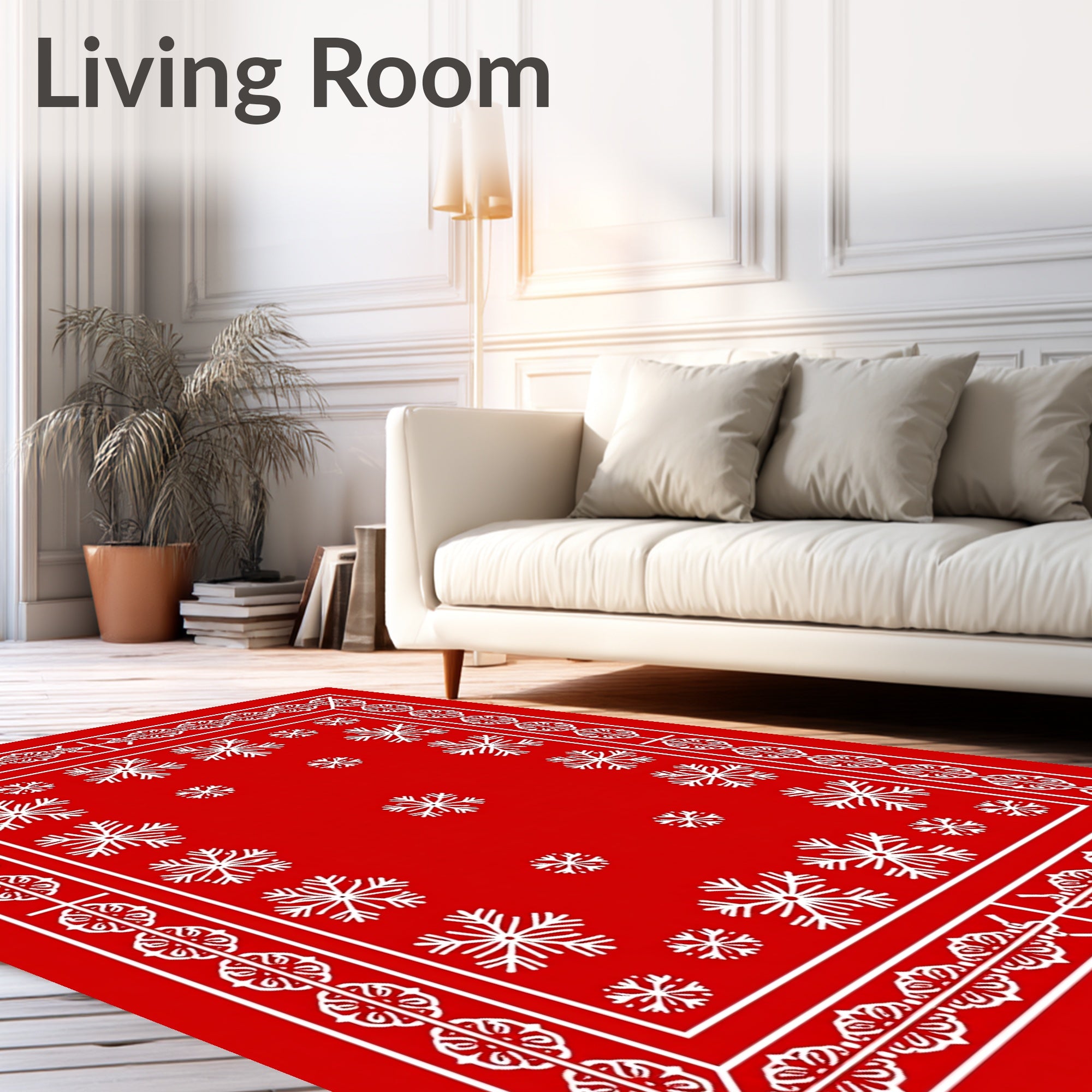 Red White Snowflake Border Rug