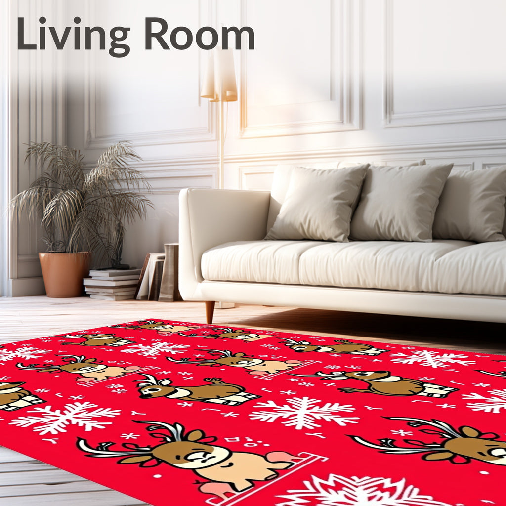 Red Winter Deer Snowflake Repeat Rug