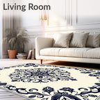 Dark Blue Floral Scrollwork Medallion Rug