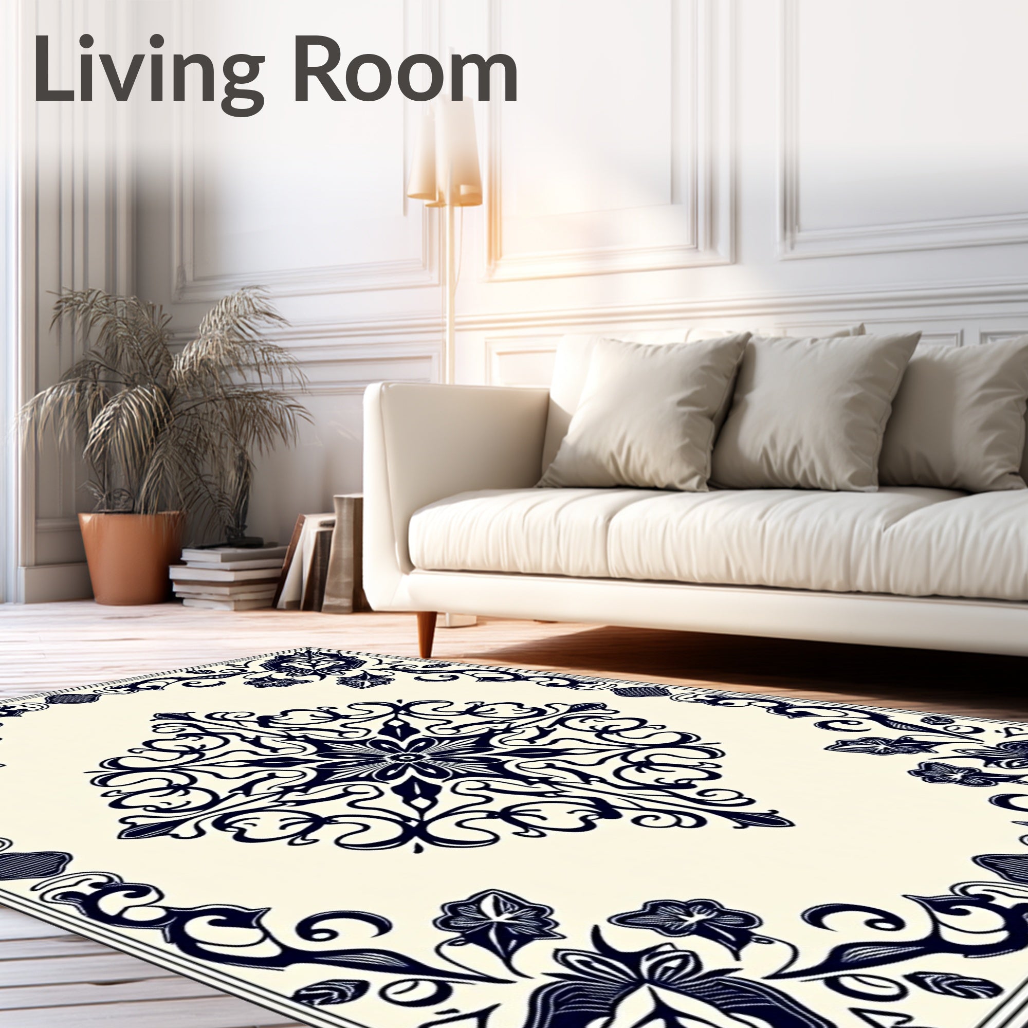 Dark Blue Floral Scrollwork Medallion Rug