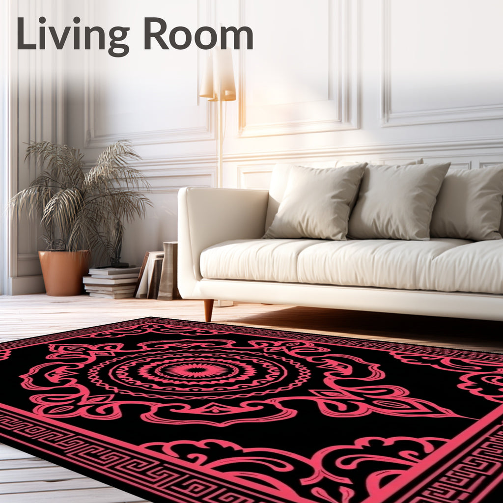 Fuchsia Ornamental Medallion Black Frame Rug
