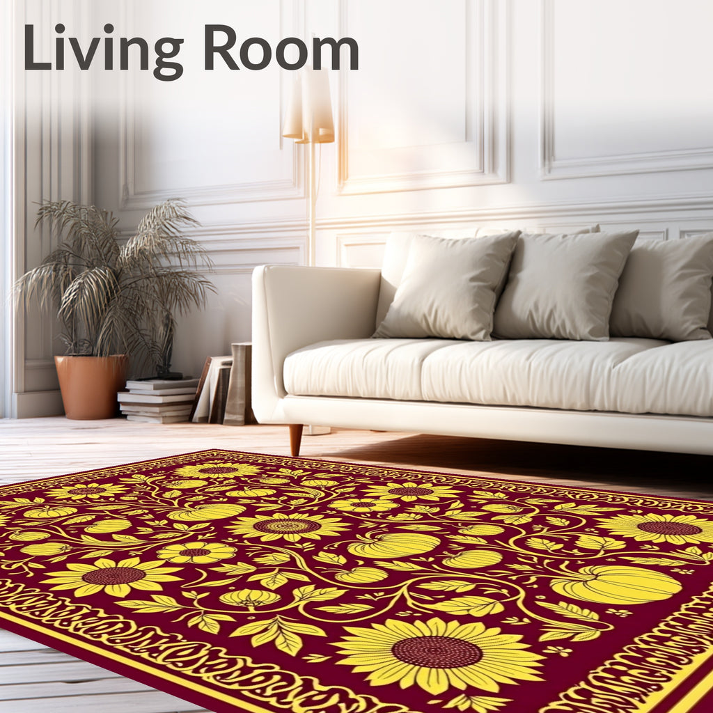 Burgundy and Gold Sunflower Pumpkin Floral Rug