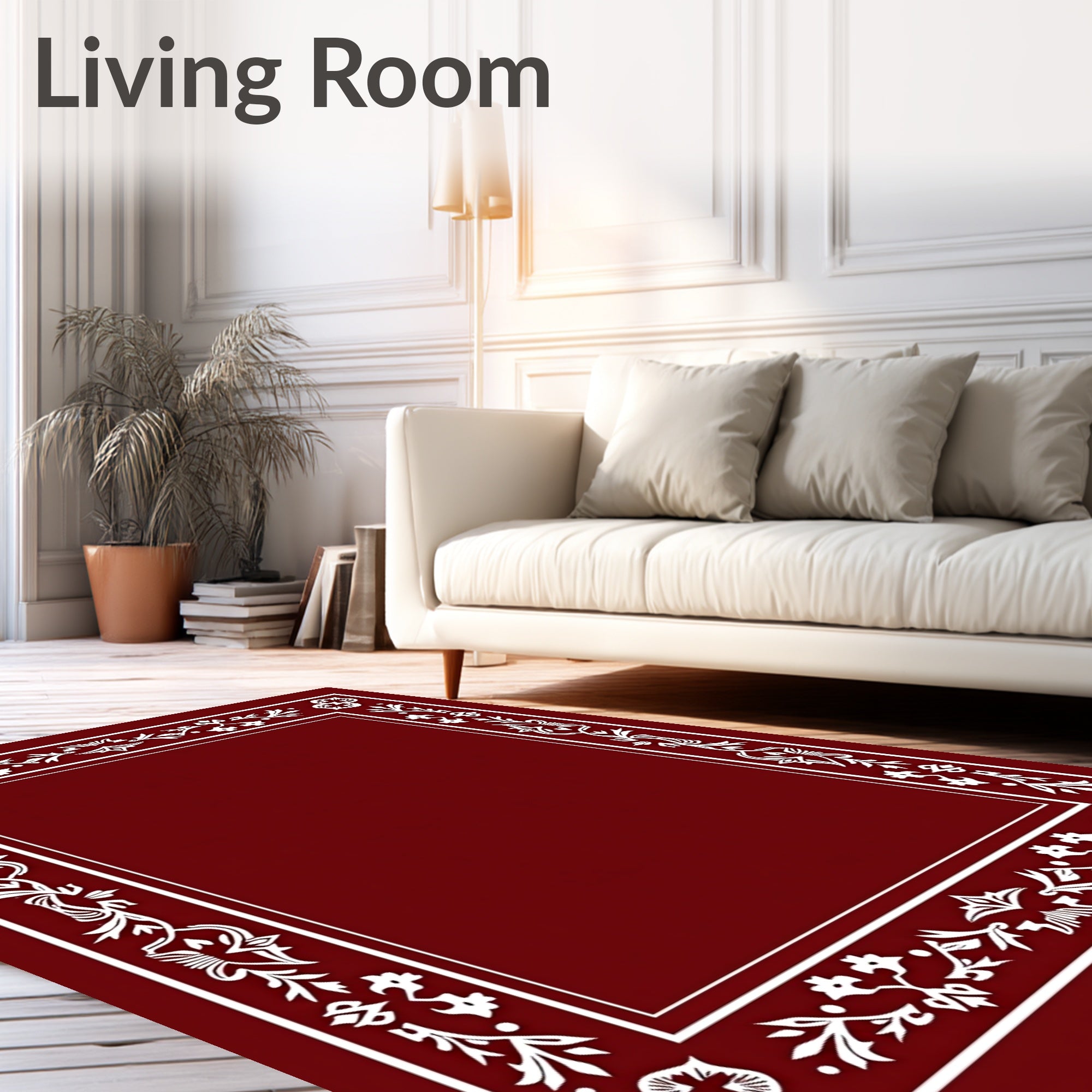 Ornate Deep Red Floral Border Rug