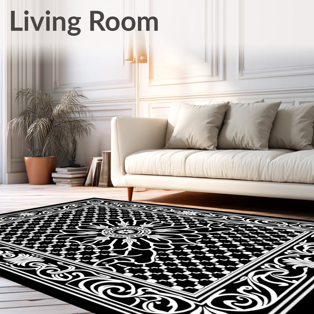 Black White Floral Medallion Geometric Border Rug