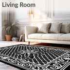 Black White Floral Medallion Geometric Border Rug