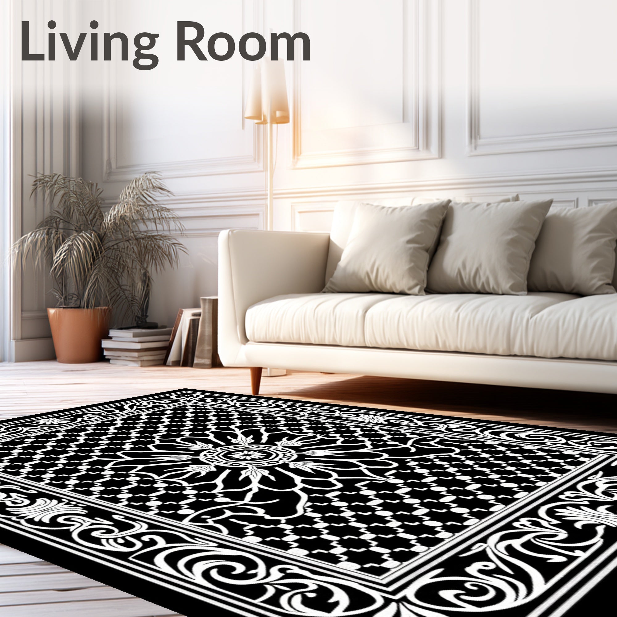 Black White Floral Medallion Geometric Border Rug