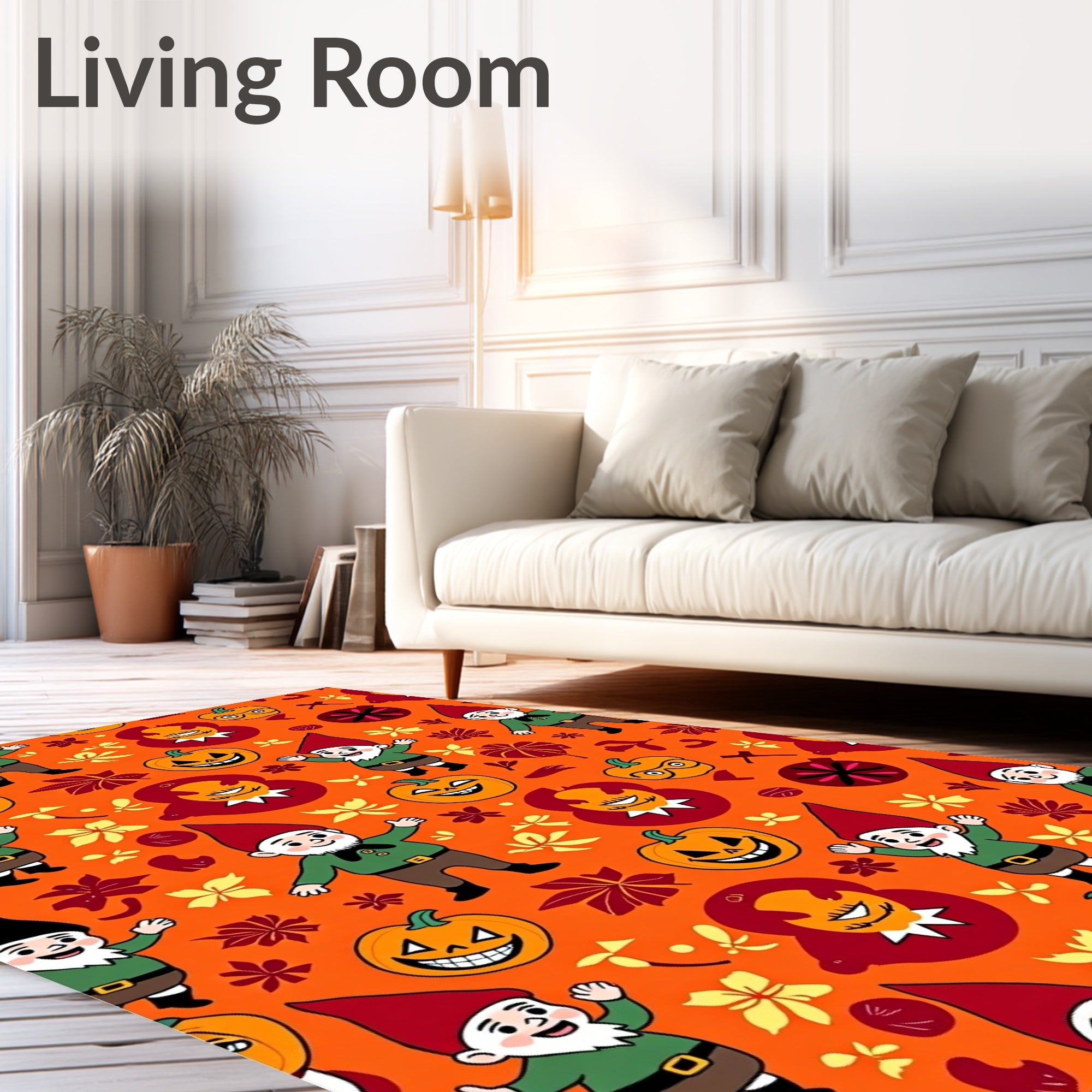 Whimsical Halloween Gnome Pumpkin Leaves Rug