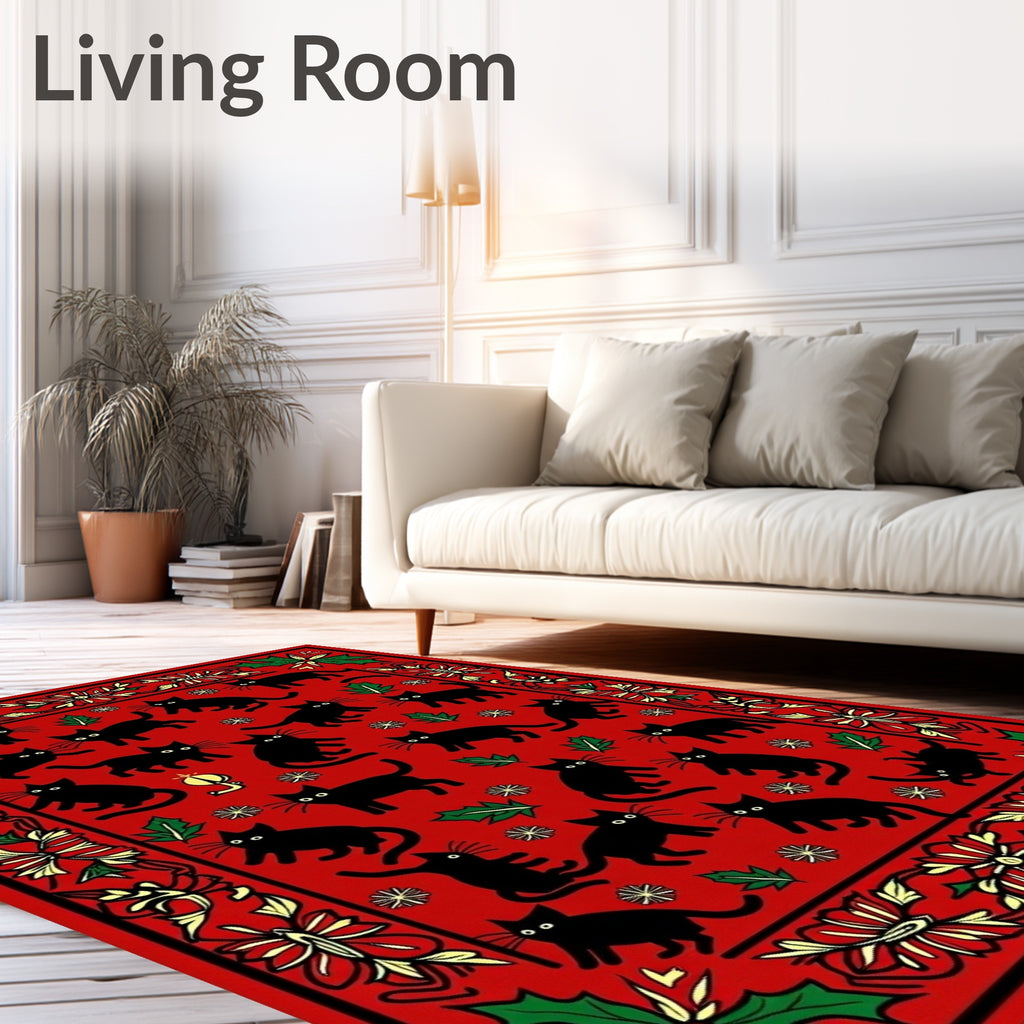 Red Black Cat Christmas Holly Border Rug