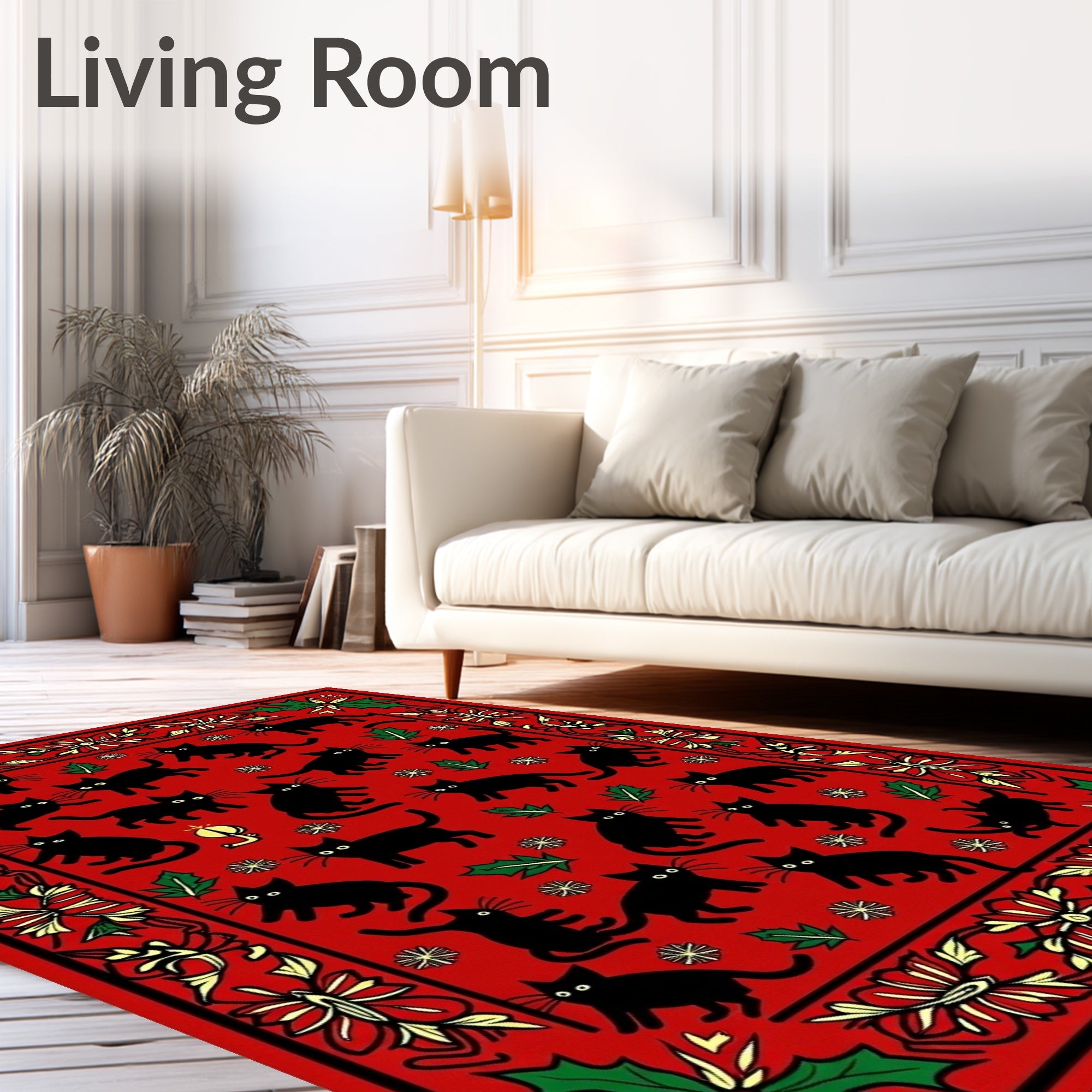 Red Black Cat Christmas Holly Border Rug
