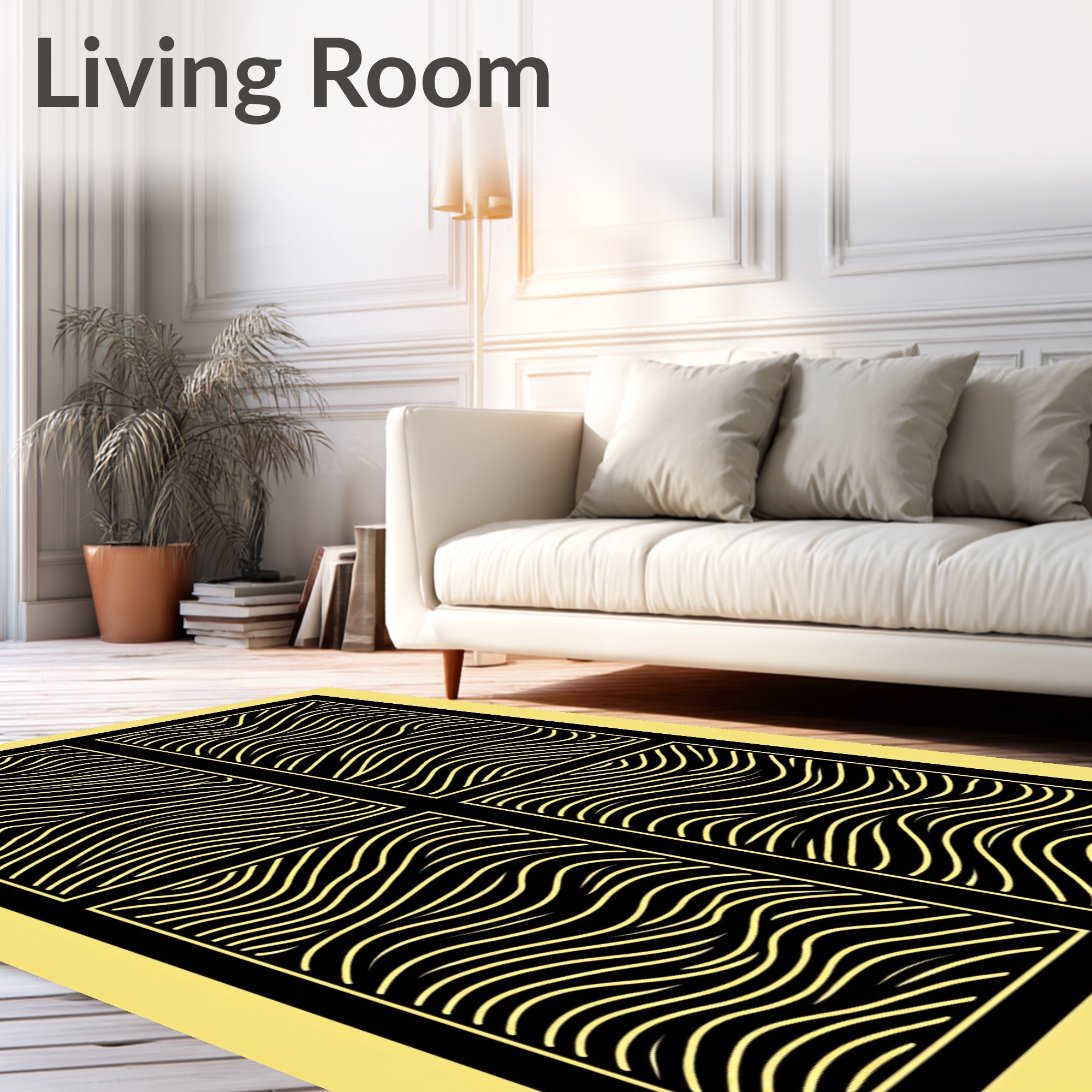 Modern Black Gold Wavy Grid Rug