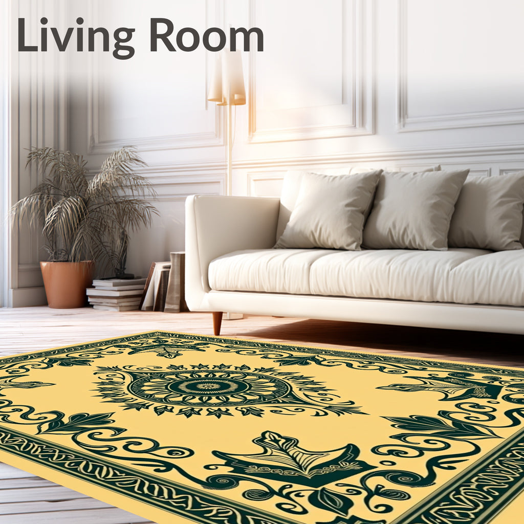 Golden Teal Floral Medallion Border Rug