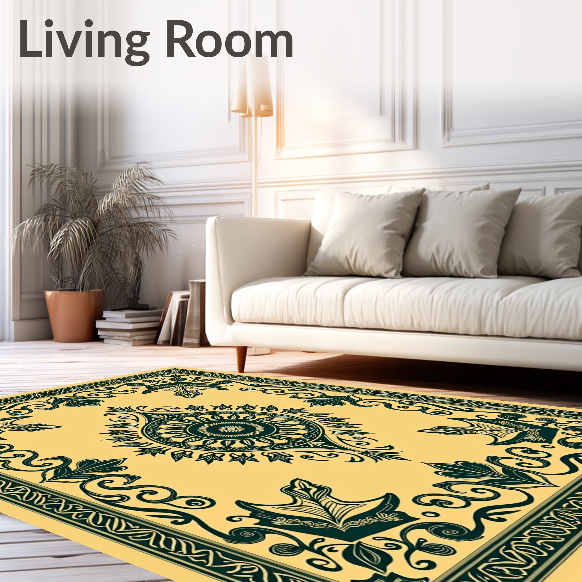 Golden Teal Floral Medallion Border Rug