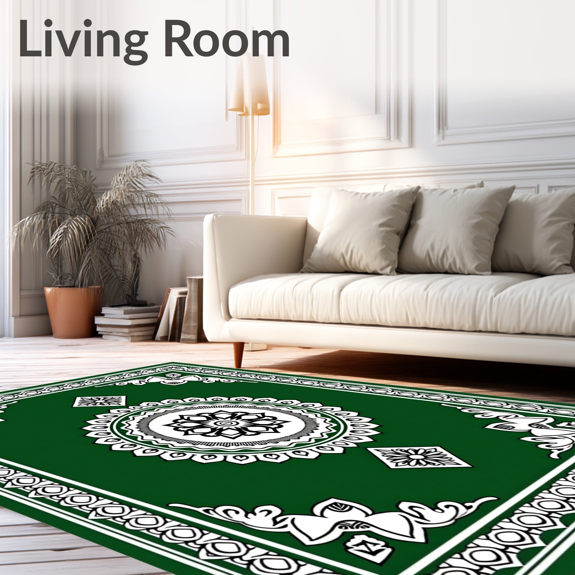 Emerald Green Floral Mandala Border Rug