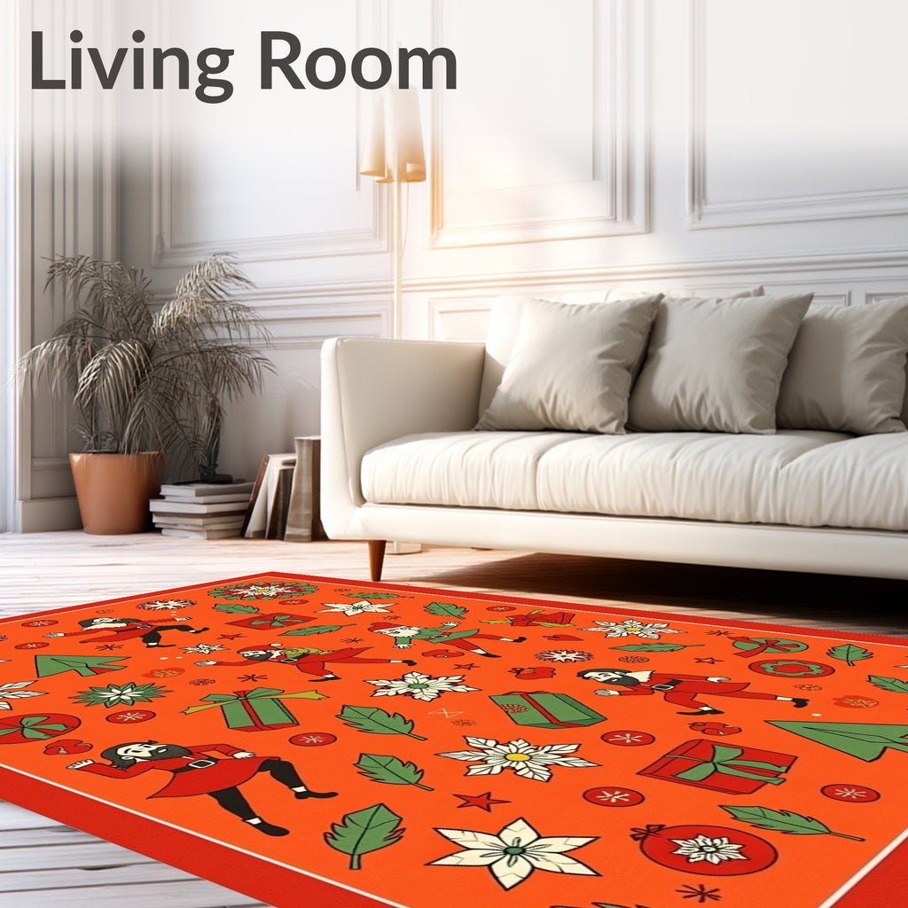 Christmas Figures Poinsettia Tree Gifts Rug