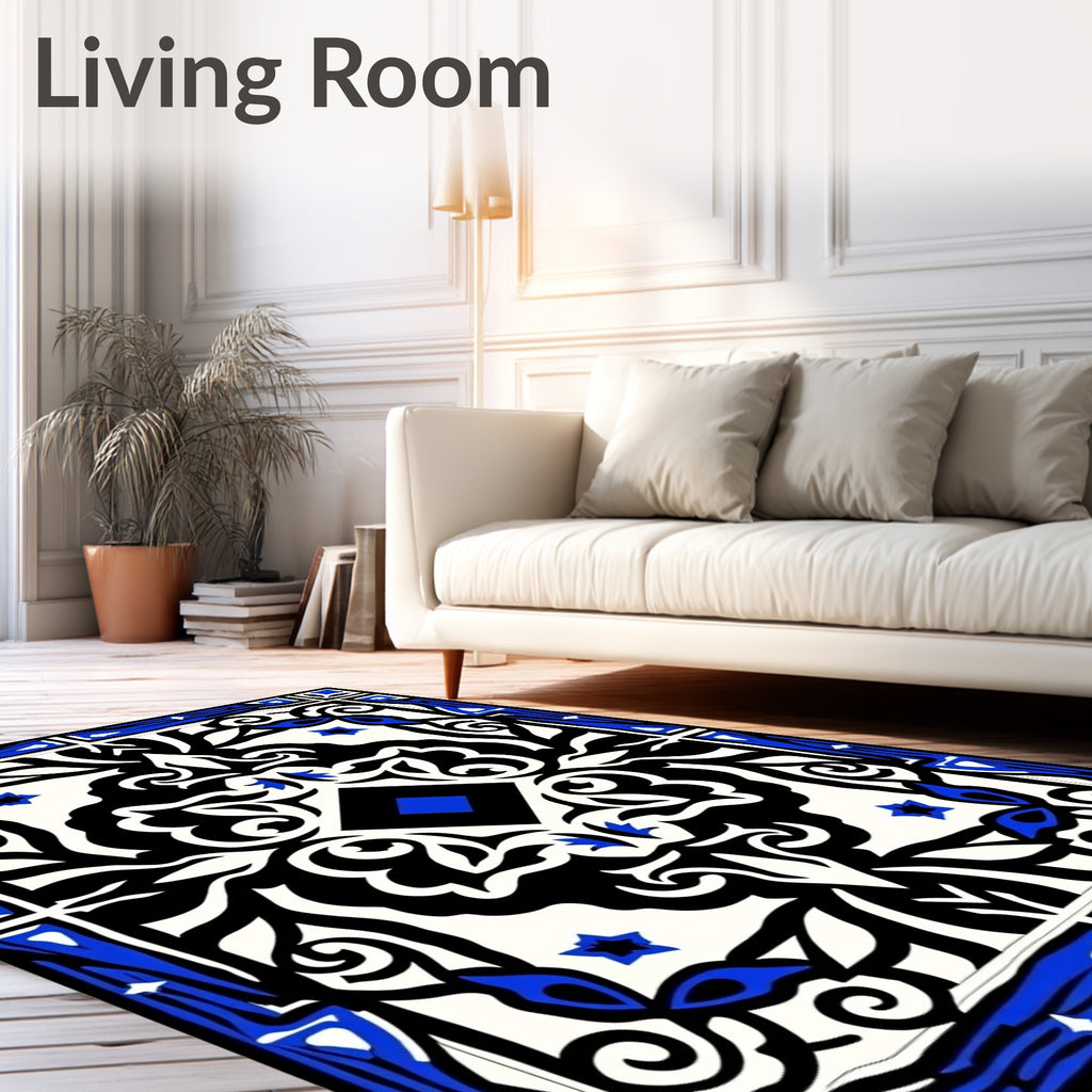Bold Black Blue Intricate Medallion Rug