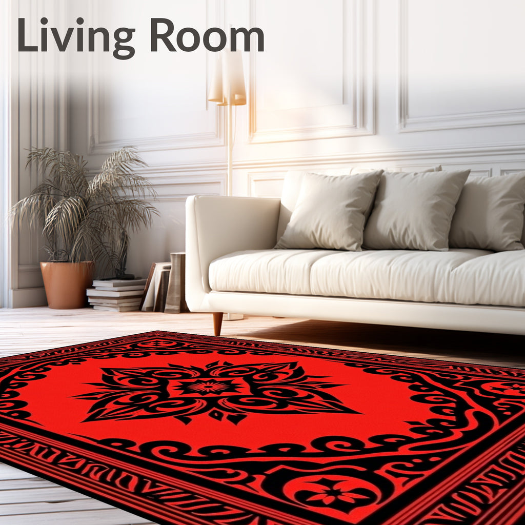 Bold Red Black Intricate Floral Rug