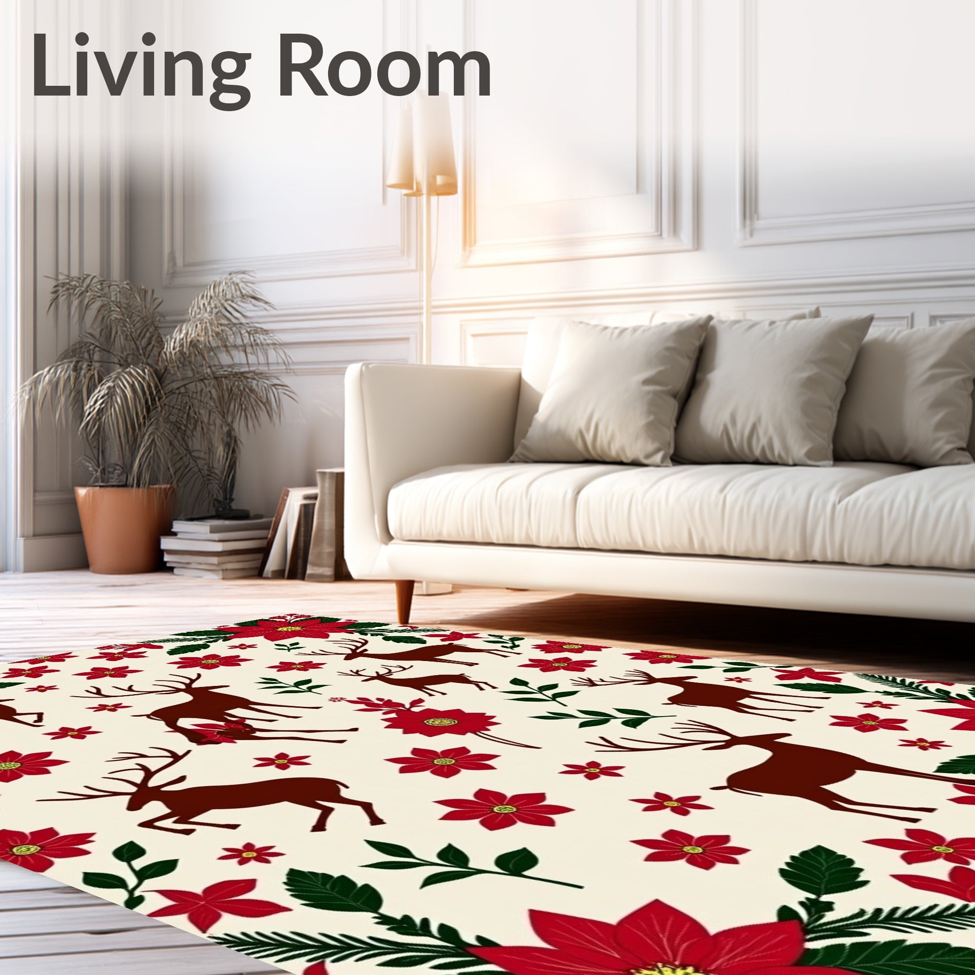 Red Floral Deer Silhouette Repeat Rug