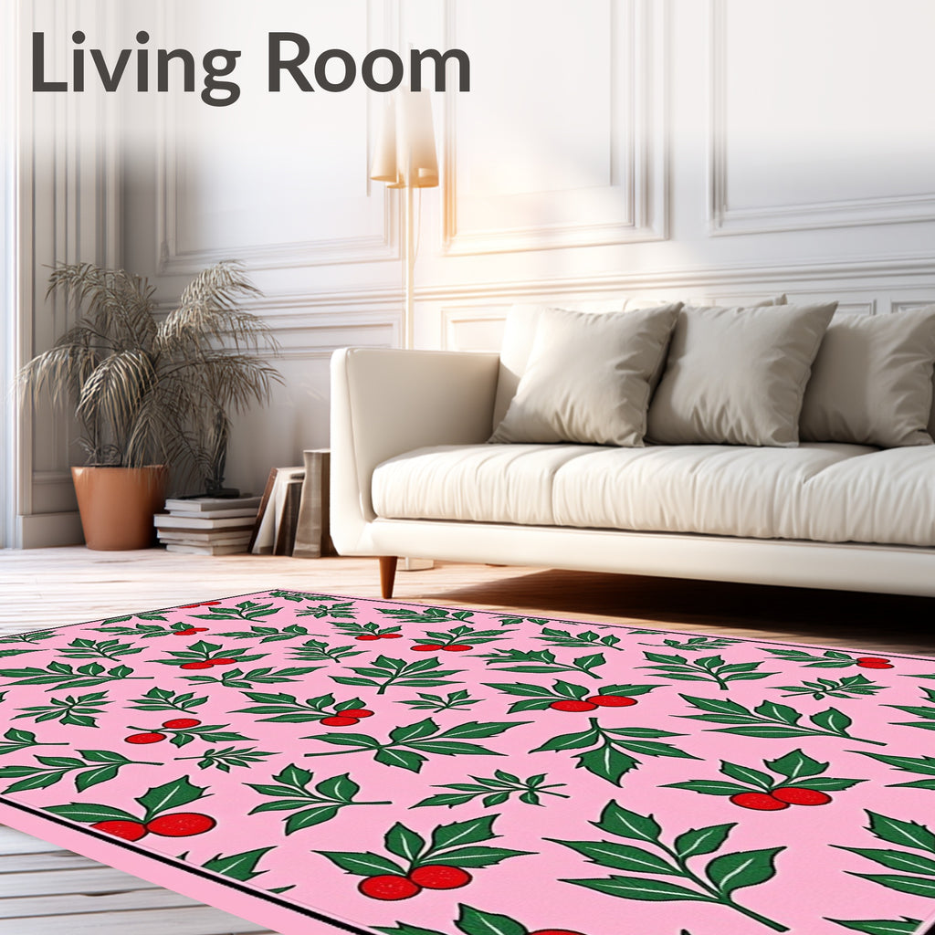Pink Green Berry Leaf Scatter Rug