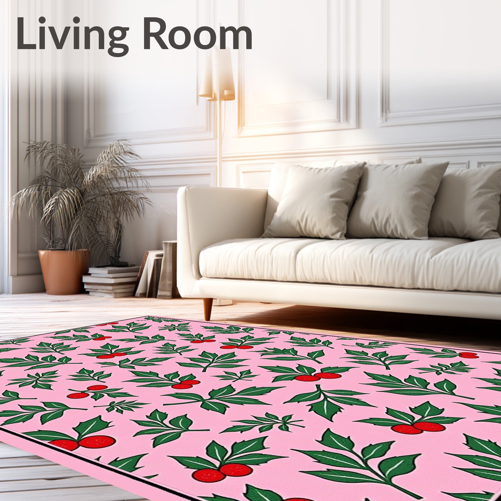 Pink Green Berry Leaf Scatter Rug