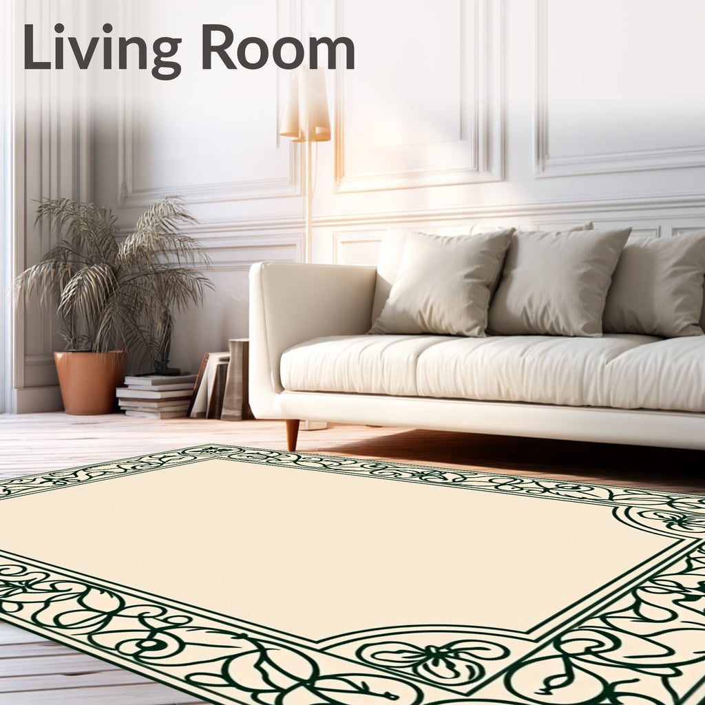 Dark Green Floral Vine Border Rug