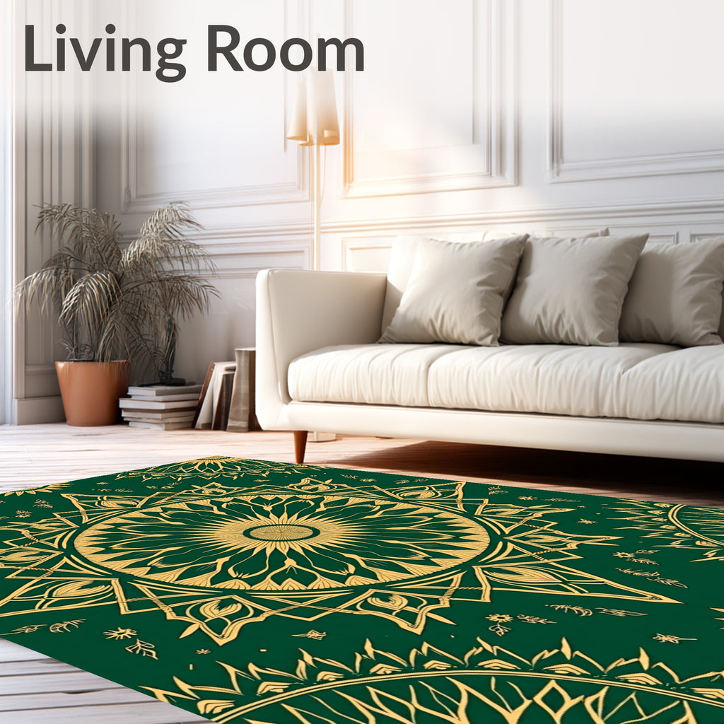 Gold Mandala Nature Inspired Dark Green Rug