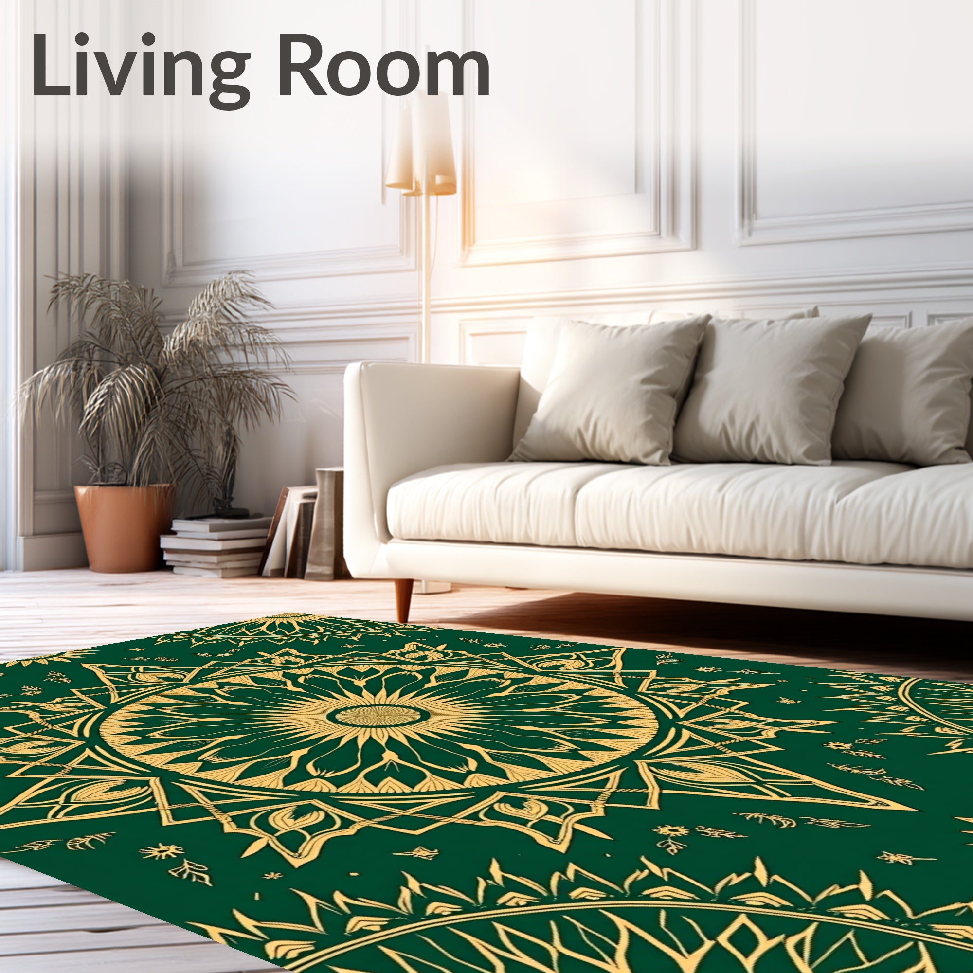 Gold Mandala Nature Inspired Dark Green Rug