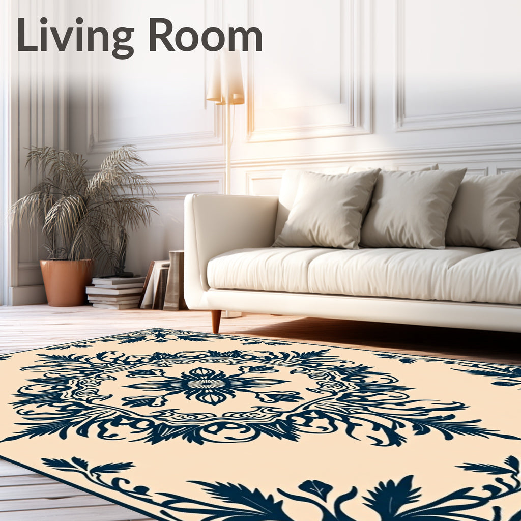Deep Navy Floral Medallion Cream Rug