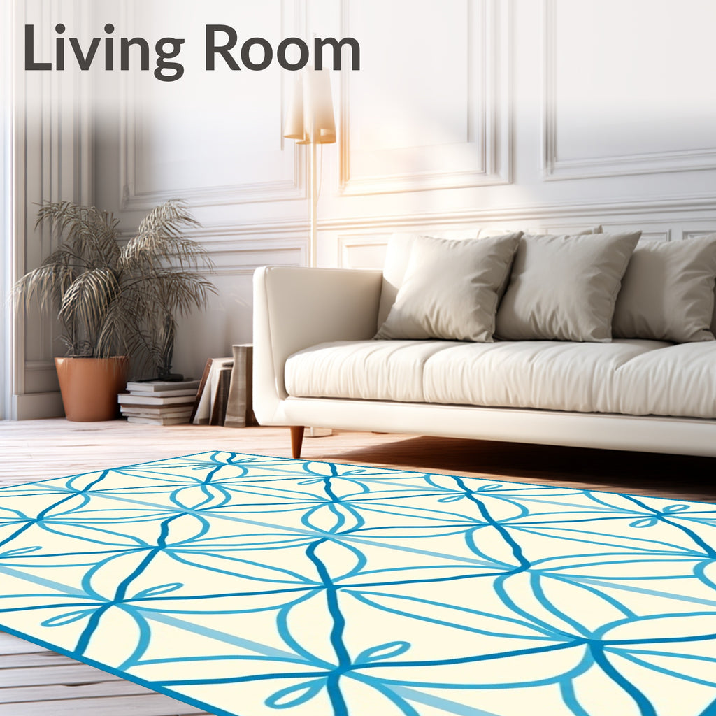 Banded Blue Abstract Floral Arrangement Rug