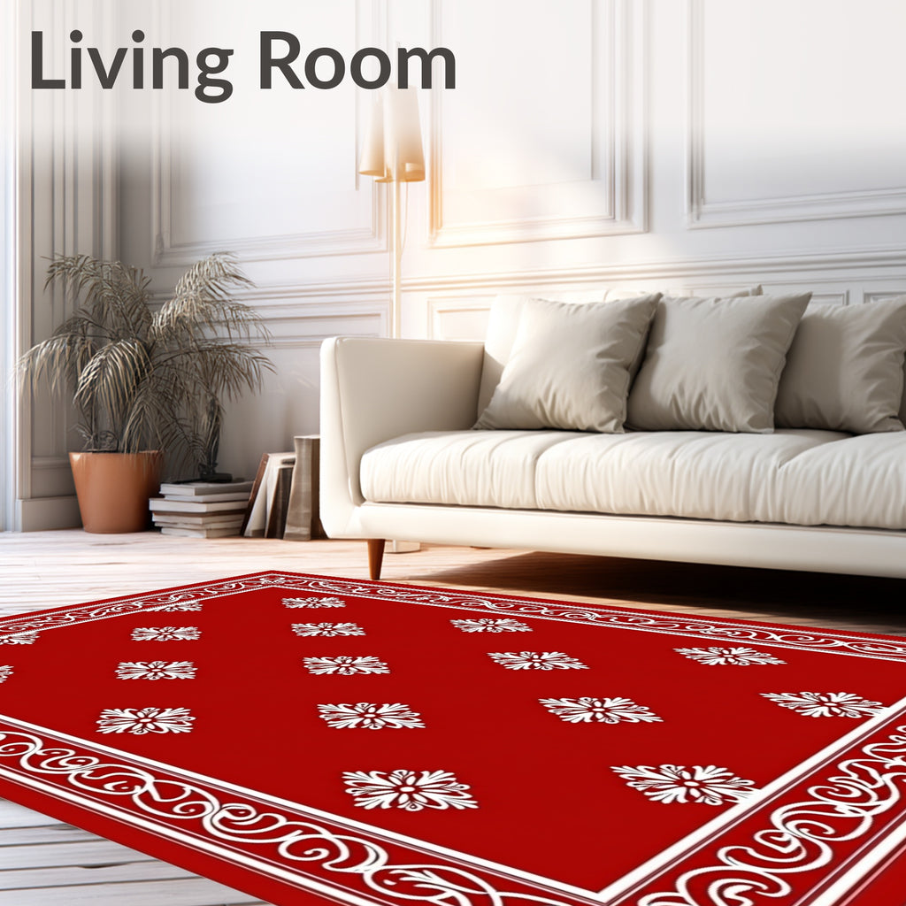 Red White Floral Medallion Border Rug