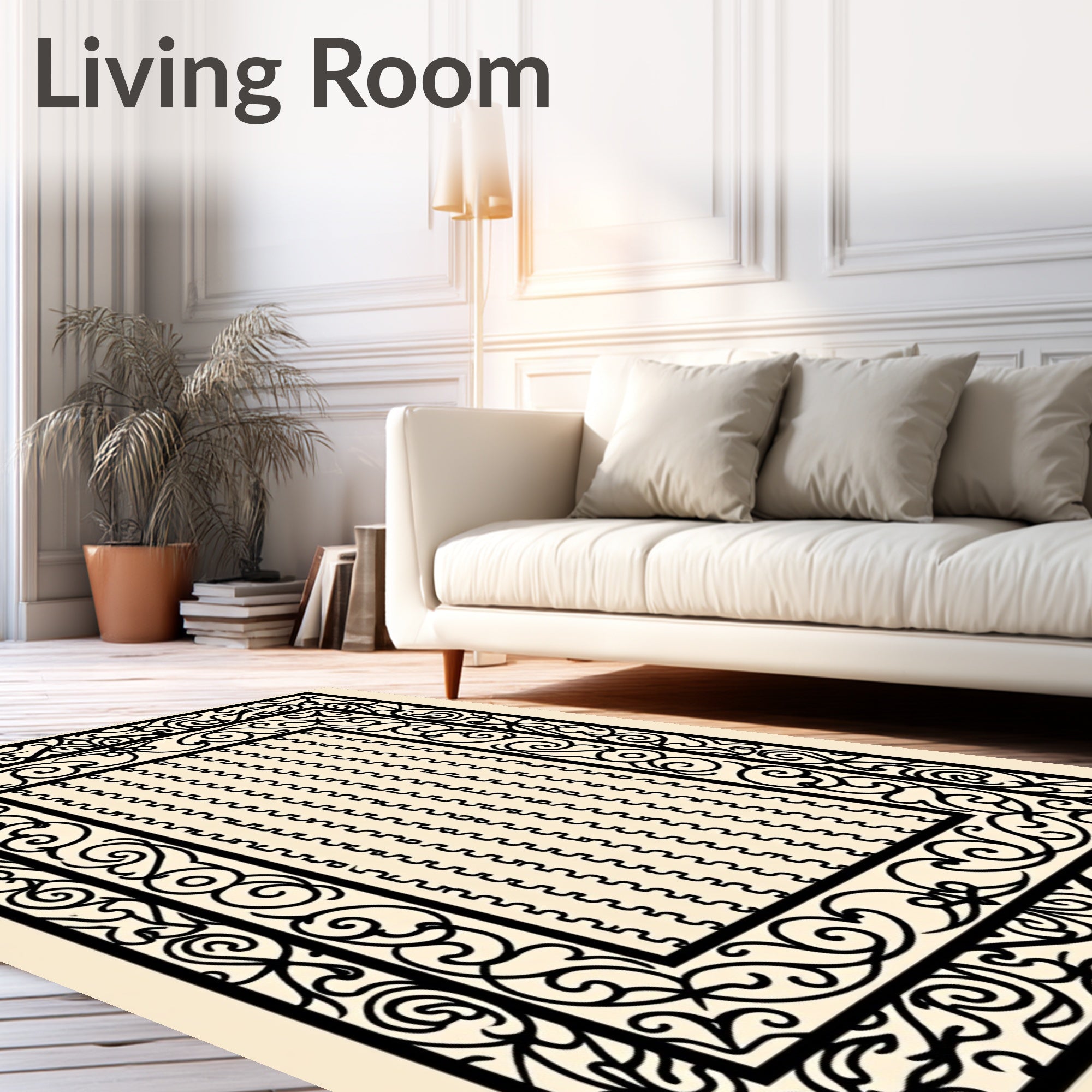 Black Ivory Ornate Scroll Border Rug