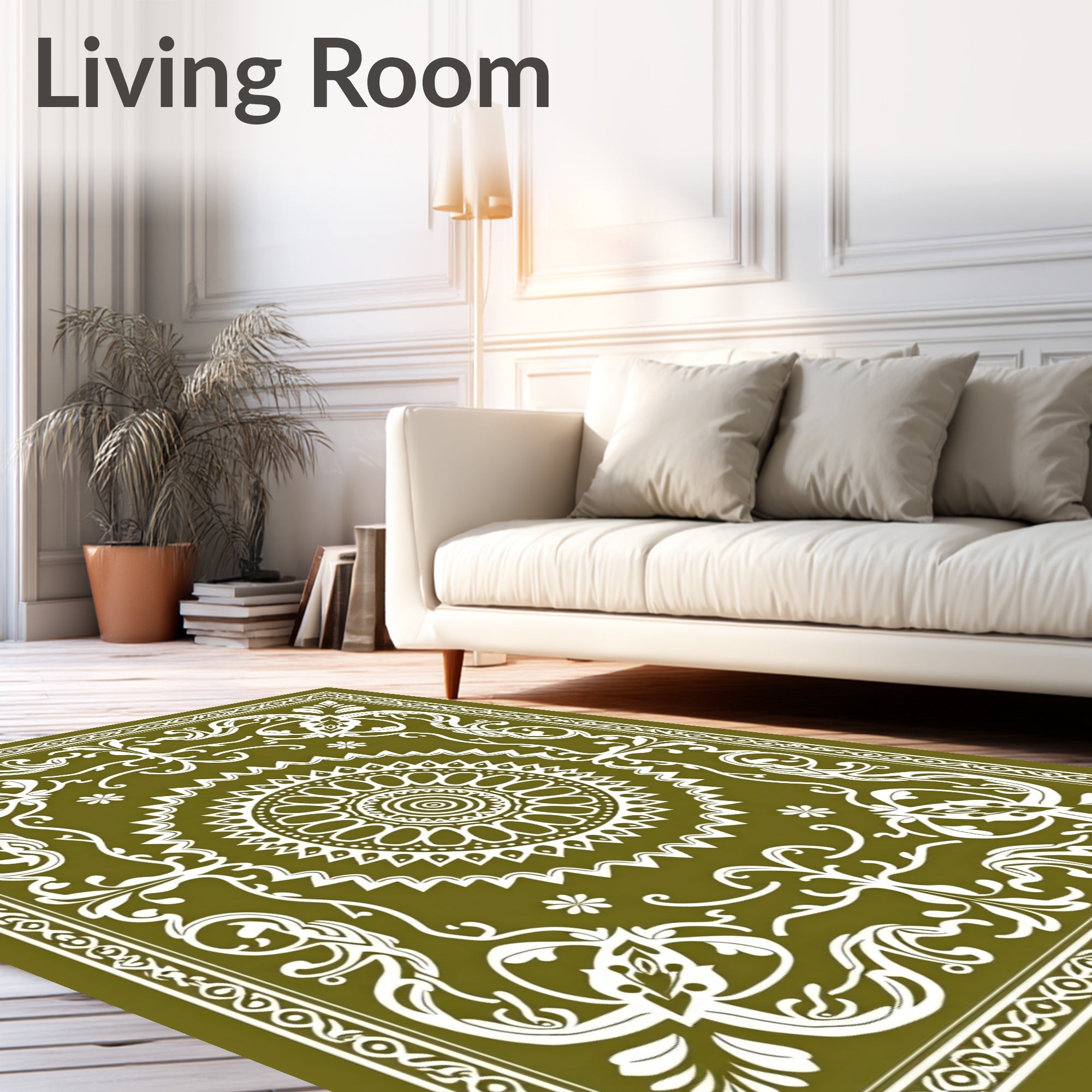 Olive Green Medallion Floral Scroll Rug