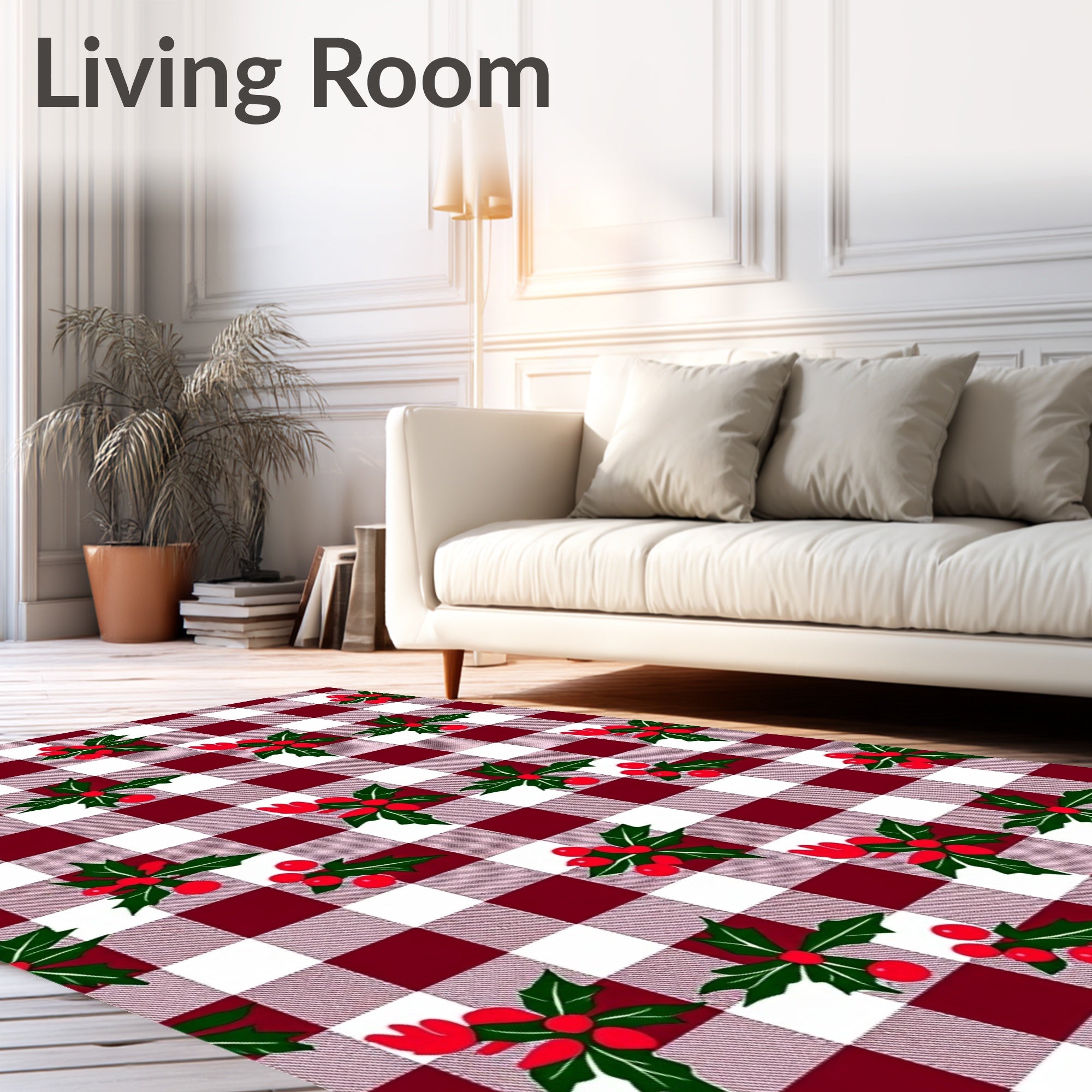 Deep Red White Gingham Holly Berries Rug