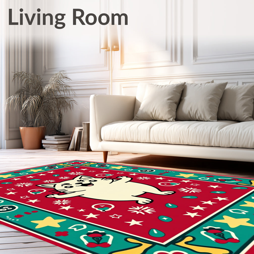 Joyful Cream Cat Red Starburst Border Rug