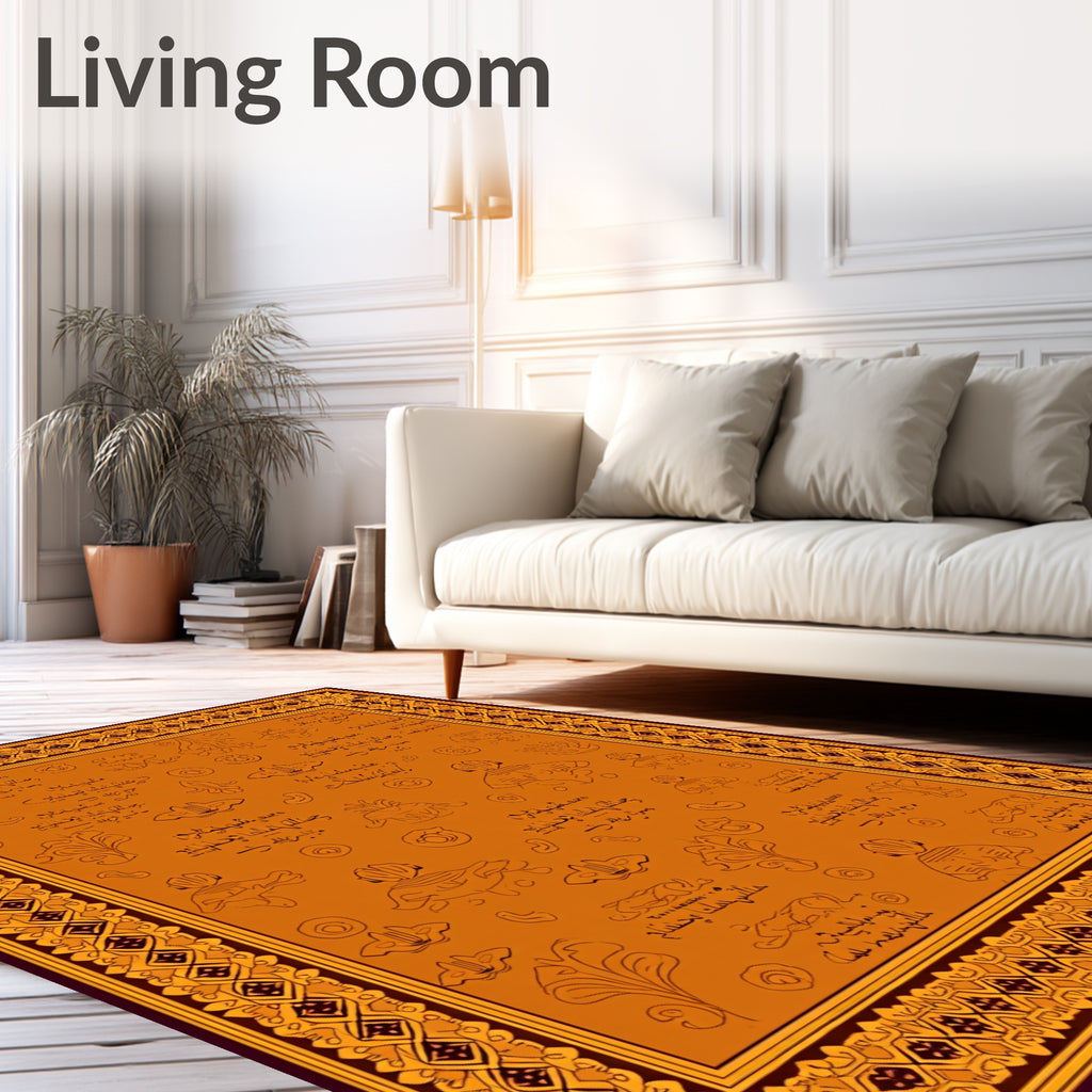 Orange Ochre Line Art Botanical Rug