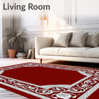 Rich Red White Floral Crest Border Rug
