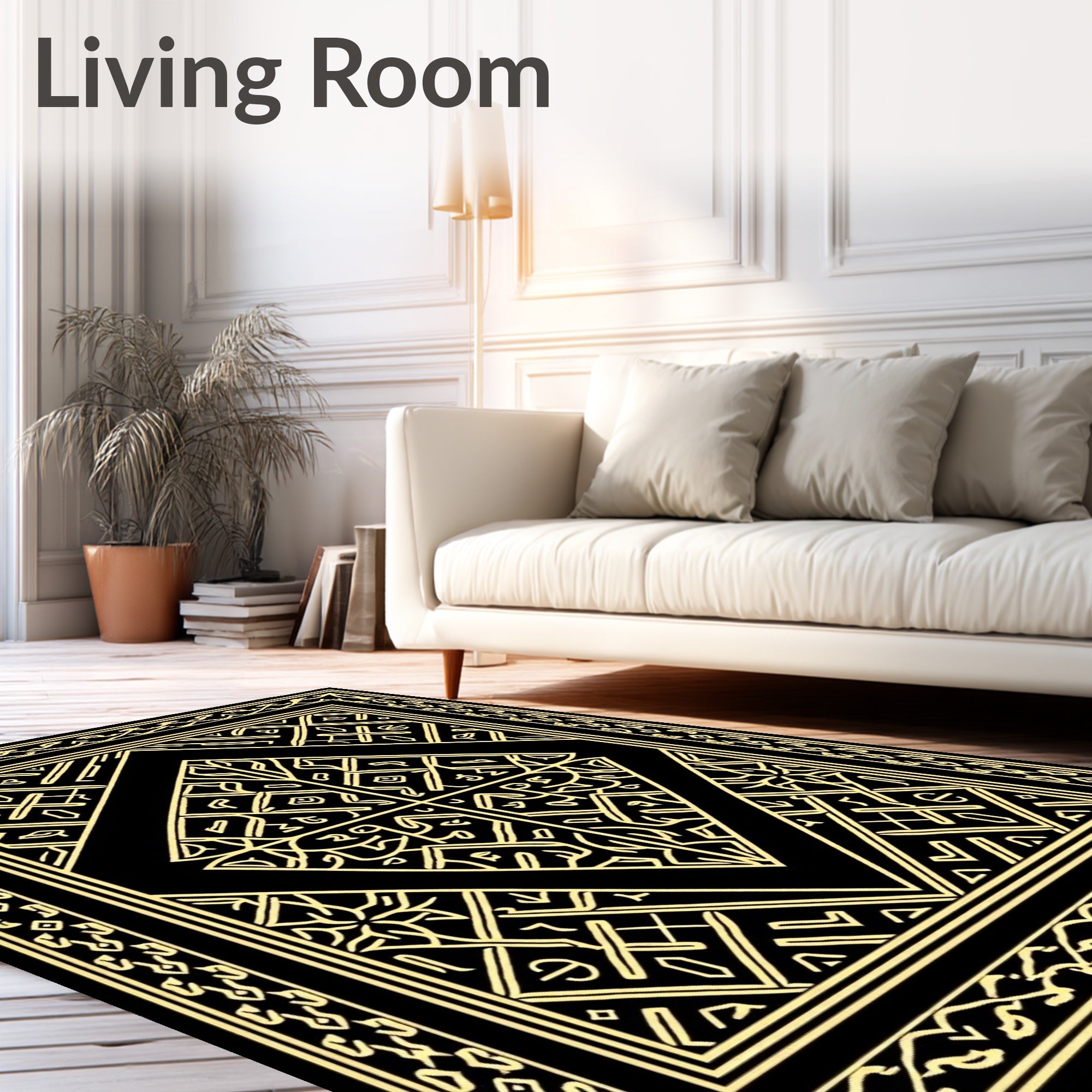 Geometric Gold Abstract Black Medallion Rug